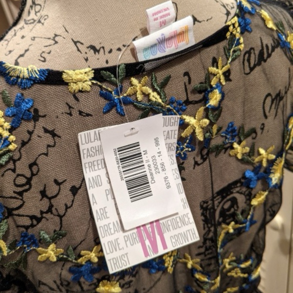 LuLaRoe Black Sheer Maxi Dress with Blue and Yellow Floral Design - Picture 2 of 3